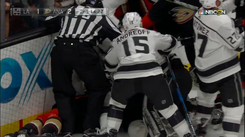 Jonathan quick, corey perry have a tussle in the goal crease | november 7, 2017