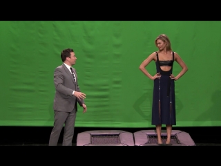 Karlie kloss teaches jimmy to pose in midair