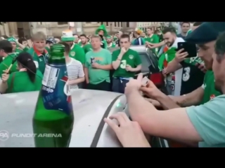 Ireland fans dent the roof of a french car, fix it straight away