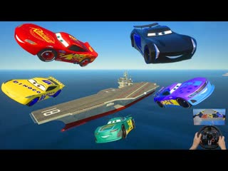 Crazy cars jump to an aircraft carrier mcqueen friends jackson storm cruz ramirez conrad camber