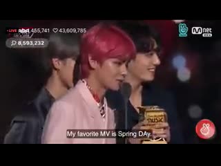 When idol won the best mv & taehyung deadass said "my favorite mv is spring day" and then left #tae updates