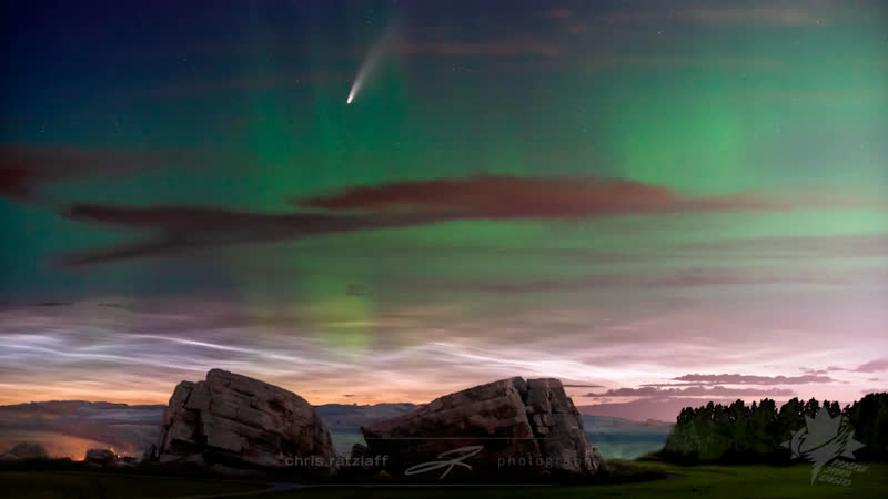 Комета c/2020 f3 (neowise), полярное сияние и серебристые облака