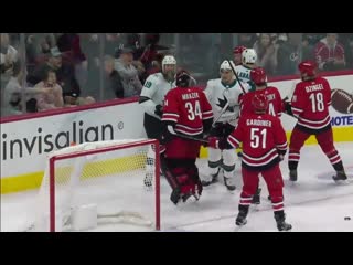 Joe thornton snaps and punches goalie petr mrazek in the face, scrum ensues