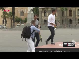 Fans cheer as tennis legends @rogerfederer and @rafaelnadal volley the ball sporton405