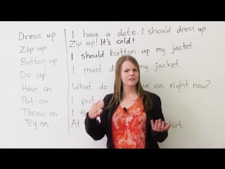 12 phrasal verbs about clothes dress up, try on, take off (learn english with emma) (+transcript)