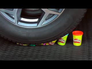 Crushing crunchy & soft thing by car experiment car vs balloons, orbeez, play doh car tire crash