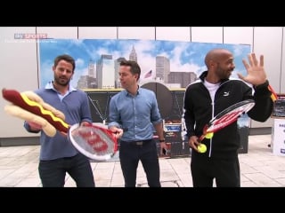 Thierry henry & jamie redknapp try tennis, then start kicking tennis balls around