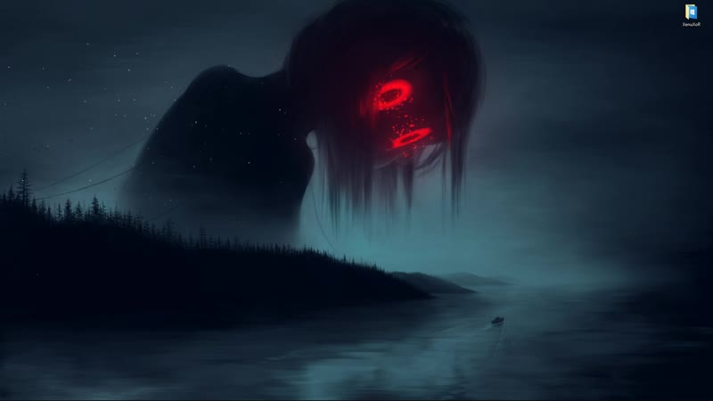 Огромная девушка монстр с красными глазами смотрит на лодку живые обои для wallpaper engine