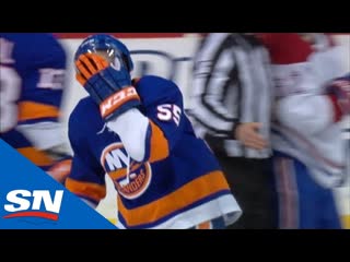 Johnny boychuk takes a skate to the eye and leaves ice in a panic