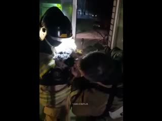 Russian firefighters being bros the rescue of a cat after a fire that occurred in belogorsk "bless them"