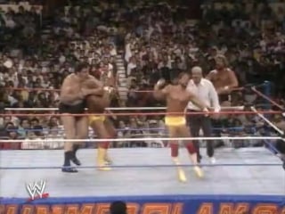 Wwf summerslam 1988 the mega powers (hulk hogan and randy savage) vs the mega bucks (ted dibiase and andre the giant)