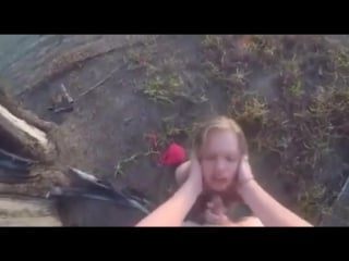 Blonde girl gets her mouth and pussy fucked outdoors