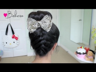 Upside down french braid hair bow sock bun updo hair tutorial bebexo