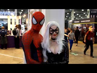 Black cat and spiderman marvel cosplay at comic con russia 2018