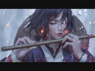 Girl with flute in rain anime