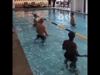 The wolves boys enjoying a header challenge in the pool ️ [ joaomoutinho8 instagram ] wwfc