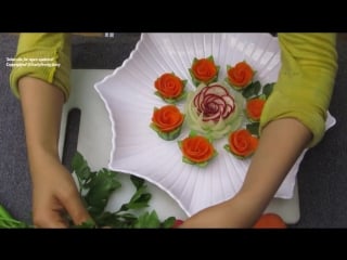 Attractive garnish of radish carrot rose flowers with onion cilantro designs