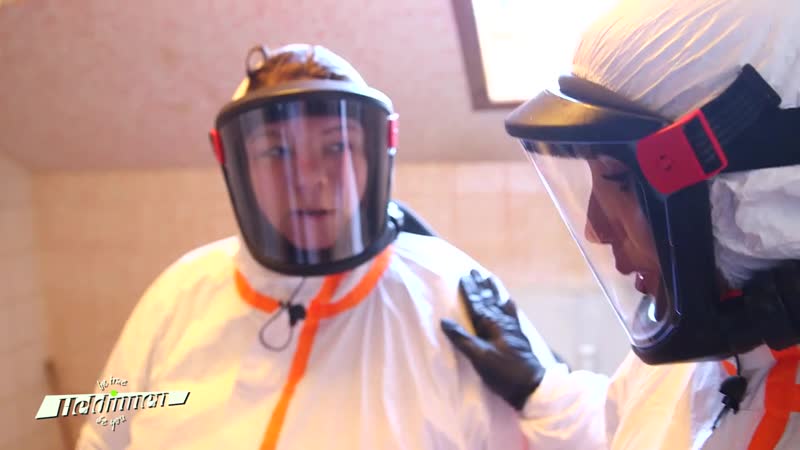 Woman hazmat in gas mask real