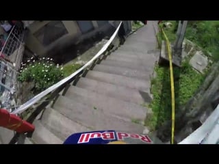 Urban downhill mtb over crazy stairs and gaps