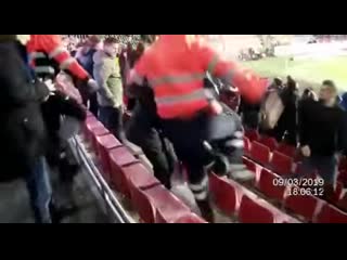Happened during czech football match fans of the visiting team threw flare to the home fans sector one woman got injured