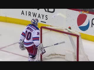 Tom wilson scores, henrik lundqvist breaks his goal stick in frustration