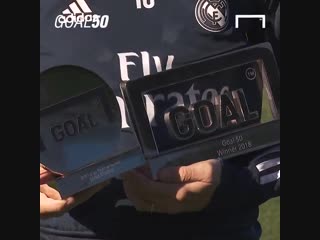 Goal luka modric looks so happy receiving his #goal50 award 😂