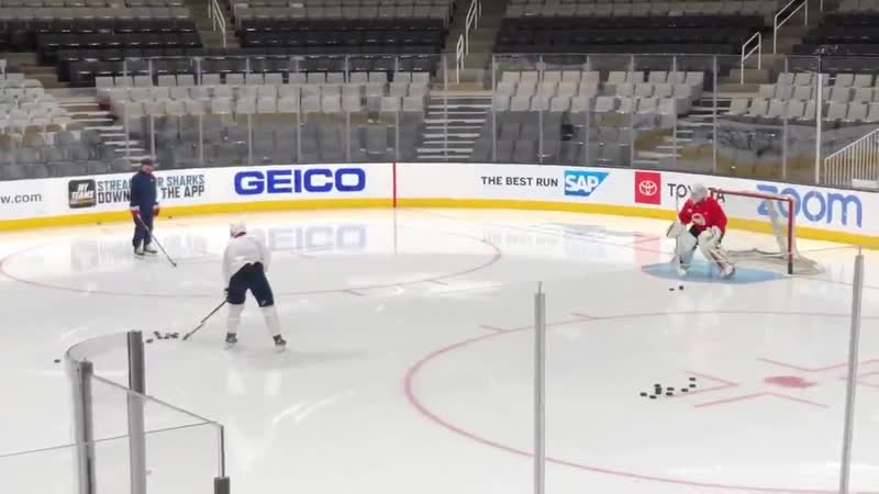 Nicklas backstrom is the first skater on the ice for practice, working with the goalies