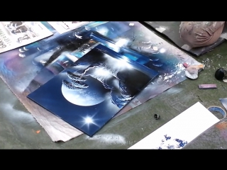 Spray paint art dark blue, black white nature painting made by street arti