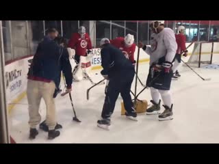 One of the caps took a shot, deflected off the goalie & it broke a light