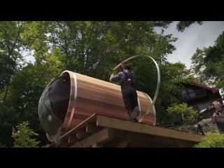 Panoramic view cedar barrel sauna assembly video