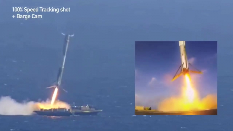 Spacex crs 6 barge landing attempt synchronized cameras with zoom closeup