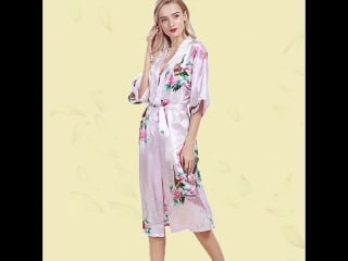 Plus size self belted peacock and floral print satin longline robes