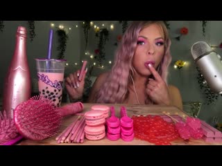 Asmr edible champagne bottle, spoons, hair brush, popping boba, bubble tea, most popular foods 먹방