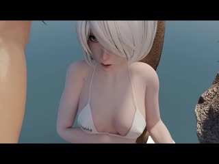 Cute 2b in white bikini, nier automata, with sound