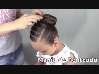 Penteado infantil com trança falsa e coque rosquinha bun hairstyle for little girls