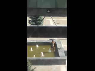 Голая женщина моется в фонтане