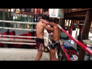 Rustam safarov with sangmanee sor tienpo muaythai clinch training at 13coins gym bangkok thailand