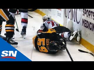 Penguins’ jake guentzel crashes hard into boards after scoring goal