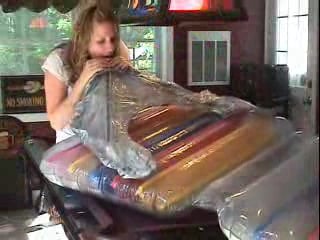 Girls inflating pool lounge