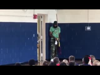 Students of an elementary school arrange a surprise birthday party for their beloved custodian