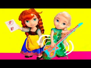 Barbie doll and elsa, anna toddlers after school fun, play guitar puppy eats homework!