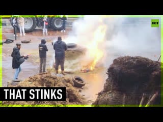 Streets of toulouse covered in manure as farmers protest eu environmental restrictions