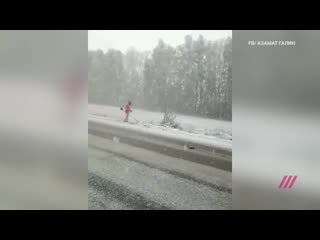 Башкирские коммунальщики вышли на покос травы в снегопад