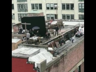 John wick 3 filming right now in dumbo! ruby rose and lawrence fishburne on the rooftop with lawrences birds keanureeves jw3 joh