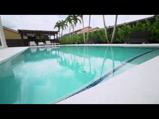 June 2020 jmac's post renovation pool tour, glimpse of fully furnished dining & living room