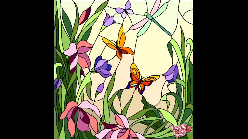 Coloring витраж лиловые ирисы, бабочки и стрекоза / purple irises, butterflies and dragonfly