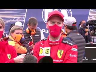 Portuguese gp 2020 a briefly pierre and carlos chat and then lando joining carlos for a long minute in seb’s interview