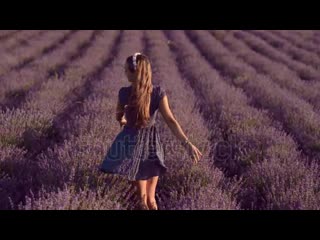 Stock footage happy cheerful girl with long hair is turning into blossoming field of lavender slow motion mp4
