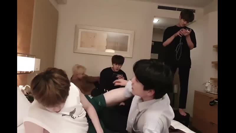 @junheessmile · byeongkwan and sehyoon smothering junhee in between their thighs