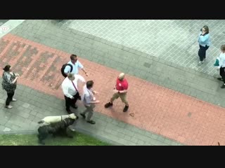 Apparently, the guy in the business shirt told the guy with the dogs that he shouldn't be walking dogs in this heat as the cemen